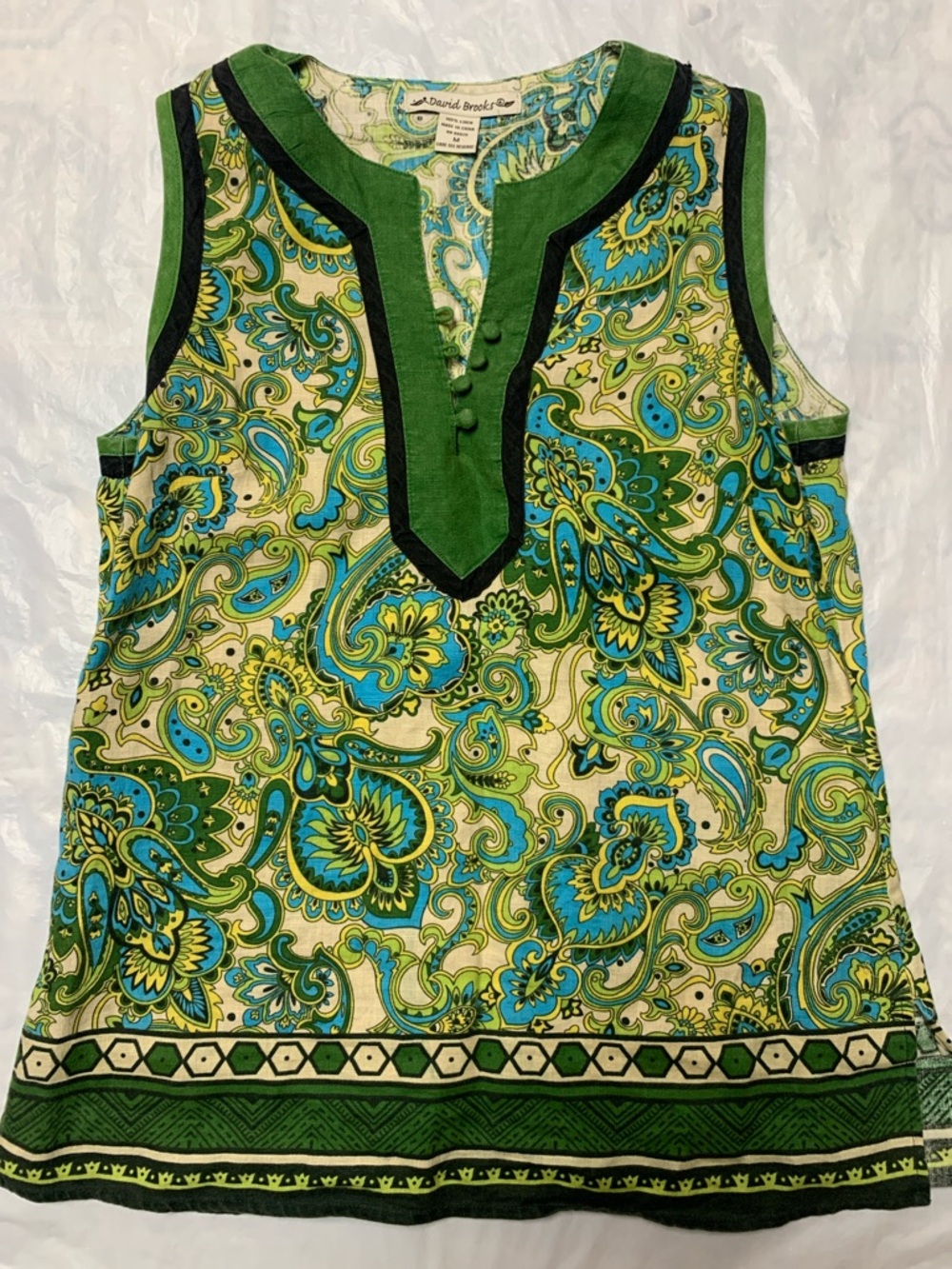 David Brooks 100% Linen Green Paisley Print Lagenlook Tank Top Size Medium